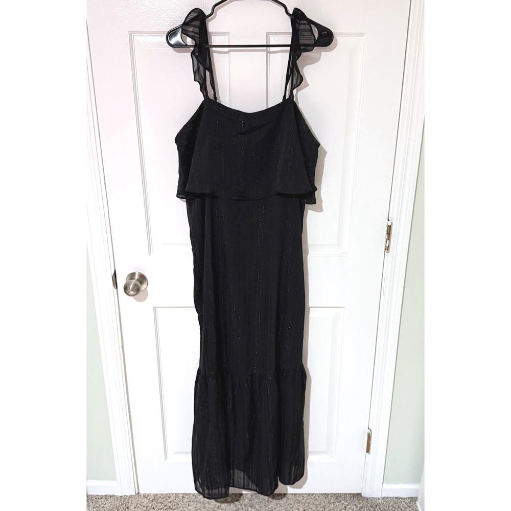 Andree by Unit Black Metallic Pinstripe Ruffle Maxi Dress Large NWT